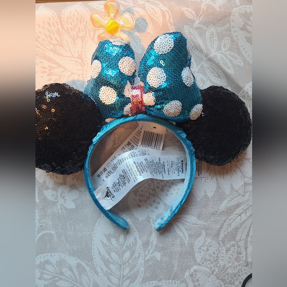 Blue Polka Dot Sequin Flower Daisy Headband Ears Minnie Disney Parks